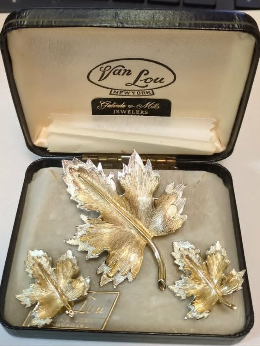 Vintage Sarah Coventry Maple Leaf Brooch Clipon Earring Set Van Lou Jewlers Box